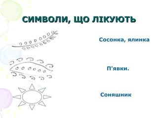 СИМВОЛИ, ЩО ЛІКУЮТЬСИМВОЛИ, ЩО ЛІКУЮТЬ
Сосонка, ялинка
П'явки.
Соняшник
 