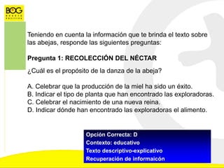 Teniendo en cuenta la información que te brinda el texto sobre
las abejas, responde las siguientes preguntas:
Pregunta 1: RECOLECCIÓN DEL NÉCTAR
¿Cuál es el propósito de la danza de la abeja?
A. Celebrar que la producción de la miel ha sido un éxito.
B. Indicar el tipo de planta que han encontrado las exploradoras.
C. Celebrar el nacimiento de una nueva reina.
D. Indicar dónde han encontrado las exploradoras el alimento.
Opción Correcta: D
Contexto: educativo
Texto descriptivo-explicativo
Recuperación de informaicón
 