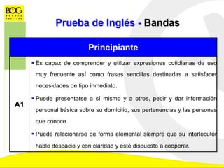 Prueba de Inglés - Bandas
Principiante
A1
 Es capaz de comprender y utilizar expresiones cotidianas de uso
muy frecuente así como frases sencillas destinadas a satisfacer
necesidades de tipo inmediato.
 Puede presentarse a sí mismo y a otros, pedir y dar información
personal básica sobre su domicilio, sus pertenencias y las personas
que conoce.
 Puede relacionarse de forma elemental siempre que su interlocutor
hable despacio y con claridad y esté dispuesto a cooperar.
 