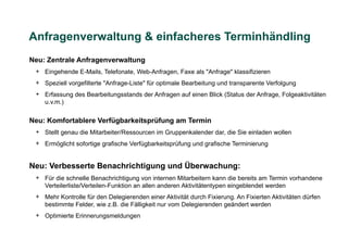 Anfragenverwaltung & einfacheres Terminhändling
Neu: Zentrale Anfragenverwaltung
 + Eingehende E-Mails, Telefonate, Web-Anfragen, Faxe als "Anfrage" klassifizieren
 + Speziell vorgefilterte "Anfrage-Liste" für optimale Bearbeitung und transparente Verfolgung
 + Erfassung des Bearbeitungsstands der Anfragen auf einen Blick (Status der Anfrage, Folgeaktivitäten
   u.v.m.)


Neu: Komfortablere Verfügbarkeitsprüfung am Termin
 + Stellt genau die Mitarbeiter/Ressourcen im Gruppenkalender dar, die Sie einladen wollen
 + Ermöglicht sofortige grafische Verfügbarkeitsprüfung und grafische Terminierung


Neu: Verbesserte Benachrichtigung und Überwachung:
 + Für die schnelle Benachrichtigung von internen Mitarbeitern kann die bereits am Termin vorhandene
   Verteilerliste/Verteilen-Funktion an allen anderen Aktivitätentypen eingeblendet werden
 + Mehr Kontrolle für den Delegierenden einer Aktivität durch Fixierung. An Fixierten Aktivitäten dürfen
   bestimmte Felder, wie z.B. die Fälligkeit nur vom Delegierenden geändert werden
 + Optimierte Erinnerungsmeldungen
 