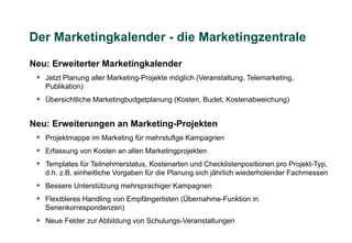 Der Marketingkalender - die Marketingzentrale

Neu: Erweiterter Marketingkalender
 + Jetzt Planung aller Marketing-Projekte möglich (Veranstaltung, Telemarketing,
   Publikation)
 + Übersichtliche Marketingbudgetplanung (Kosten, Budet, Kostenabweichung)


Neu: Erweiterungen an Marketing-Projekten
 + Projektmappe im Marketing für mehrstufige Kampagnen
 + Erfassung von Kosten an allen Marketingprojekten
 + Templates für Teilnehmerstatus, Kostenarten und Checklistenpositionen pro Projekt-Typ,
   d.h. z.B. einheitliche Vorgaben für die Planung sich jährlich wiederholender Fachmessen
 + Bessere Unterstützung mehrsprachiger Kampagnen
 + Flexibleres Handling von Empfängerlisten (Übernahme-Funktion in
   Serienkorrespondenzen)
 + Neue Felder zur Abbildung von Schulungs-Veranstaltungen
 