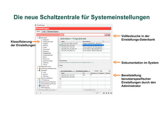 Die neue Schaltzentrale für Systemeinstellungen


                                      Volltextsuche in der
                                      Einstellungs-Datenbank
Klassifizierung
der Einstellungen




                                      Dokumentation im System



                                      Bereitstellung
                                      benutzerspezifischer
                                      Einstellungen durch den
                                      Administrator
 