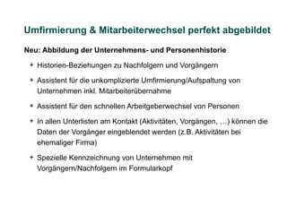 Umfirmierung & Mitarbeiterwechsel perfekt abgebildet

Neu: Abbildung der Unternehmens- und Personenhistorie

 + Historien-Beziehungen zu Nachfolgern und Vorgängern

 + Assistent für die unkomplizierte Umfirmierung/Aufspaltung von
   Unternehmen inkl. Mitarbeiterübernahme

 + Assistent für den schnellen Arbeitgeberwechsel von Personen

 + In allen Unterlisten am Kontakt (Aktivitäten, Vorgängen, …) können die
   Daten der Vorgänger eingeblendet werden (z.B. Aktivitäten bei
   ehemaliger Firma)

 + Spezielle Kennzeichnung von Unternehmen mit
   Vorgängern/Nachfolgern im Formularkopf
 