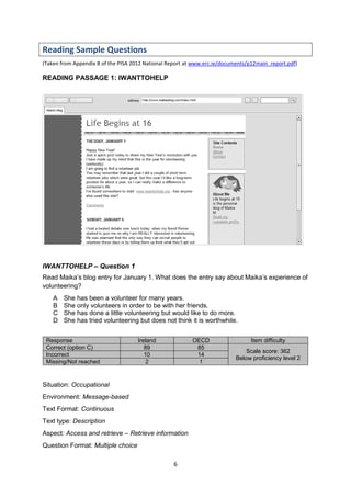 6
Reading Sample Questions
(Taken from Appendix B of the PISA 2012 National Report at www.erc.ie/documents/p12main_report.pdf)
READING PASSAGE 1: IWANTTOHELP
IWANTTOHELP – Question 1
Read Maika’s blog entry for January 1. What does the entry say about Maika’s experience of
volunteering?
A She has been a volunteer for many years.
B She only volunteers in order to be with her friends.
C She has done a little volunteering but would like to do more.
D She has tried volunteering but does not think it is worthwhile.
Response Ireland OECD Item difficulty
Correct (option C) 89 85
Scale score: 362
Below proficiency level 2
Incorrect 10 14
Missing/Not reached 2 1
Situation: Occupational
Environment: Message-based
Text Format: Continuous
Text type: Description
Aspect: Access and retrieve – Retrieve information
Question Format: Multiple choice
 