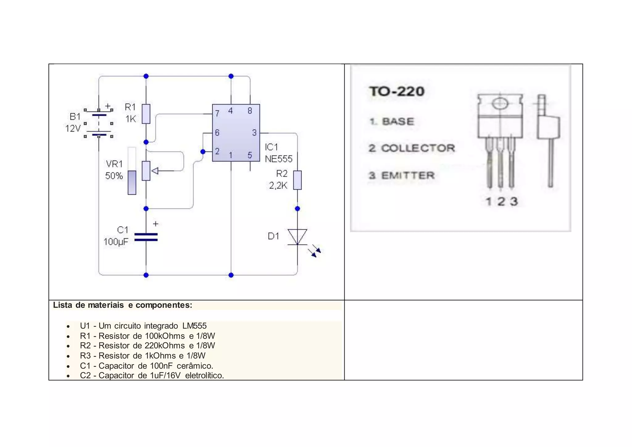 Lista de materiais e componentes:
 U1 - Um circuito integrado LM555
 R1 - Resistor de 100kOhms e 1/8W
 R2 - Resistor de 220kOhms e 1/8W
 R3 - Resistor de 1kOhms e 1/8W
 C1 - Capacitor de 100nF cerâmico.
 C2 - Capacitor de 1uF/16V eletrolítico.
 