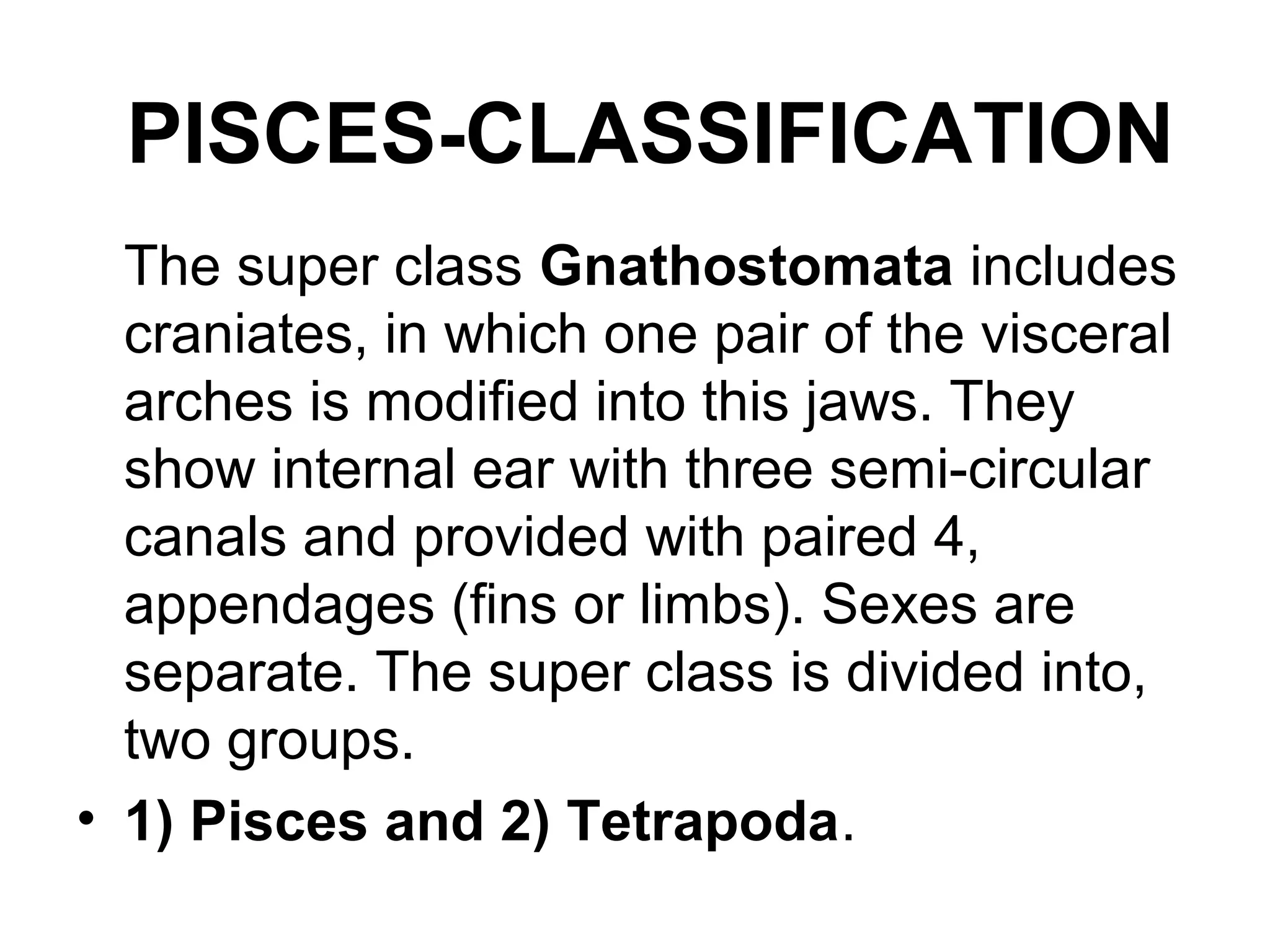 PISCES-CLASSIFICATION
The super class Gnathostomata includes
craniates, in which one pair of the visceral
arches is modified into this jaws. They
show internal ear with three semi-circular
canals and provided with paired 4,
appendages (fins or limbs). Sexes are
separate. The super class is divided into,
two groups.
• 1) Pisces and 2) Tetrapoda.
 