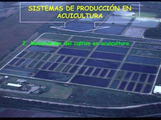 SISTEMAS DE PRODUCCIÓN EN
ACUICULTURA
2. Modalidades del cultivo en acuicultura.
 