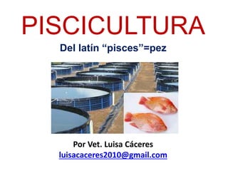 PISCICULTURA
Del latín “pisces”=pez
Por Vet. Luisa Cáceres
luisacaceres2010@gmail.com
 