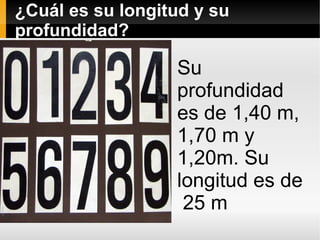 ¿Cuál es su longitud y su
profundidad?

                  Su
                  profundidad
                  es de 1,40 m,
                  1,70 m y
                  1,20m. Su
                  longitud es de
                   25 m
 