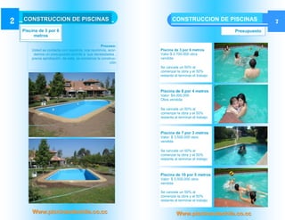 2   CONSTRUCCION DE PISCINAS                                         CONSTRUCCION DE PISCINAS                 7
    Piscina de 3 por 6                                                                          Presupuesto
         metros

                                                  Proceso:
        Usted se contacta con nosotros, nos reunimos, acor-   Piscina de 3 por 6 metros
         damos un presupuesto acorde a sus necesidades ,      Valor:$ 2.700.000 obra
        previa aprobación de este, se comienza la construc-   vendida
                                                       ción
                                                              Se cancela un 50% al
                                                              comenzar la obra y el 50%
                                                              restante al terminar el trabajo



                                                              Piscina de 8 por 4 metros
                                                              Valor: $4.000.000
                                                              Obra vendida

                                                              Se cancela un 50% al
                                                              comenzar la obra y el 50%
                                                              restante al terminar el trabajo



                                                              Piscina de 7 por 3 metros
                                                              Valor: $ 3.500.000 obra
                                                              vendida

                                                              Se cancela un 50% al
                                                              comenzar la obra y el 50%
                                                              restante al terminar el trabajo



                                                              Piscina de 10 por 5 metros
                                                              Valor: $ 5.500.000 obra
                                                              vendida

                                                              Se cancela un 50% al
                                                              comenzar la obra y el 50%
                                                              restante al terminar el trabajo


        Www.piscinasdechile.co.cc                                       Www.piscinasdechile.co.cc
 