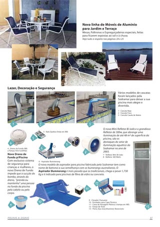 Nova linha de Móveis de Alumínio
para Jardim e Terraço
Mesas, Poltronas e Espreguiçadeiras especiais, feitas
para ficarem expostas ao sol e à chuva.
Veja tudo a respeito nas páginas 24 e 25

Lazer, Decoração e Segurança
Vários modelos de cascatas
foram lançados pela
Sodramar para deixar a sua
piscina mais alegre e
divertida.
1 - Cascata Naja
2 - Cascata Foca
3 - Cascata Cauda de Baleia

1

2

3
O novo Mini Refletor Bi-iodo e o grandioso
Refletor de 300w, que abrange uma
iluminação de até 48 m² de superfície da
piscina, são os
destaques do setor de
iluminação aquática da
Sodramar no ano de
2003.

5 - Ralo Quebra Onda em ABS

5
4
4 - Dreno de Fundo ABS
c/Tampa Anti-turbilhão

Novo Dreno de
Fundo p/Piscina
Com exclusivo sistema
de segurança para
crianças e mulheres, o
novo Dreno de Fundo
impede que a sucção da
bomba, através do
dreno, “prenda ou
mantenha” uma pessoa
no fundo da piscina
pelo cabelo ou pelo
corpo.

9

SAUNAS
PISCINAS & SA UNAS

6

7
8

7 - Refletor Mini Bi-iodo
8 - Refletor 300 Watts

6 - Aspirador Bummerang

O novo modelo de aspirador para piscina fabricado pela Sodramar tem como
nome de batismo a sua semelhança com os bumerangs australianos. O
Aspirador Bummerang é mais pesado que os tradicionais, chega a pesar 1,730
Kg e é indicado para piscinas de fibra de vidro ou concreto.

12
11
10

9 - Clorador Flutuante
10 - Enrolador para Capa Térmica
11 - Caixa de Passagem Plástica c/tampa em ABS
12 - Estojo de Teste
13 - Porta (Aço Inox/Alumínio) Reversíveis

13
07

 