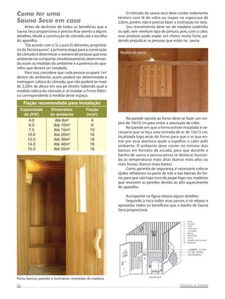 Como ter uma
Sauna Seca em casa
Antes de desfrutar de todos os benefícios que a
Sauna Seca proporciona, é preciso ficar atento a alguns
detalhes, desde a construção do cômodo até a escolha
do aparelho.
“De acordo com o Sr. Lauro O. Abrantes, proprietário da Tecnosaunas” a primeira etapa para a construção
,
do cômodo é determinar o número de pessoas que esse
ambiente vai comportar simultaneamente, determinando assim as medidas do ambiente e a potência do aparelho que deverá ser instalado.
Para isso, considere que cada pessoa ocupará 1m²
dentro do ambiente, assim, poderá ser determinada a
metragem cúbica do cômodo, que não poderá ter mais
de 2,20m de altura em seu pé direito. Sabendo qual a
medida cúbica do cômodo, é só instalar o Forno Elétrico correspondente à medida deste espaço.

O cômodo da sauna seca deve conter isolamento
térmico com lã de vidro ou isopor na espessura de
2,0cm, porém, não é preciso fazer a inclinação no teto.
Seu revestimento deve ser de madeira (cedrinho
ou ipê), sem nenhum tipo de pintura, pois, com o calor,
esse produto pode exalar um cheiro muito forte, podendo prejudicar as pessoas que estão na sauna.
Respiro da sauna

Fiação recomendada para instalação
Capacidade
de (KW)
4.0
6.0
7.5
10.0
12.0
14.0
15.0

Dimensões
do ambiente
Até 6m²
Até 10m²
Até 15m²
Até 20m²
Até 30m²
Até 40m²
Até 50m²

Fiação
(mm²)
4
6
10
16
16
16
16

Na parede oposta ao forno deve-se fazer um respiro de 10x10 cm para evitar a saturação de calor.
Na parede em que o forno estiver instalado é necessário que se faça uma entrada de ar de 10x15 cm,
localizada logo atrás do forno, para que o ar que entrar por essa abertura ajude a espalhar o calor pelo
ambiente. O ambiente deve conter no mínimo dois
bancos em formato de escada, para que durante o
banho de sauna a pessoa possa se deslocar buscando as temperaturas mais altas (banco mais alto) ou
mais baixas (banco mais baixo).
Como garantia de segurança, é necessário colocar
tijolos refratários na parte de trás e nas laterais do forno, para que não haja risco de pegar fogo nas madeiras
que revestem as paredes devido ao alto aquecimento
do aparelho.
Acompanhe na figura abaixo alguns detalhes:
Seguindo à risca todos esse passos, é só relaxar e
aproveitar todos os benefícios que o banho de Sauna
Seca proporciona.

Porta, bancos, paredes e luminárias revestidas de madeira
06

SAUNAS
PISCINAS & SA UNAS

 
