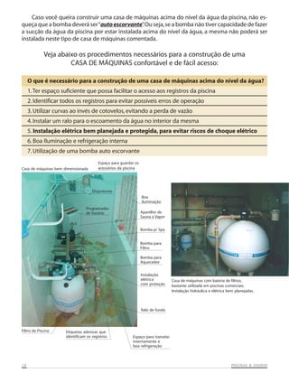 Caso você queira construir uma casa de máquinas acima do nível da água da piscina, não esqueça que a bomba deverá ser “auto escorvante” Ou seja, se a bomba não tiver capacidade de fazer
.
a sucção da água da piscina por estar instalada acima do nível da água, a mesma não poderá ser
instalada neste tipo de casa de máquinas comentada.

Veja abaixo os procedimentos necessários para a construção de uma
CASA DE MÁQUINAS confortável e de fácil acesso:
O que é necessário para a construção de uma casa de máquinas acima do nível da água?
1. Ter espaço suficiente que possa facilitar o acesso aos registros da piscina
2. Identificar todos os registros para evitar possíveis erros de operação
3. Utilizar curvas ao invés de cotovelos, evitando a perda de vazão
4. Instalar um ralo para o escoamento da água no interior da mesma
5. Instalação elétrica bem planejada e protegida, para evitar riscos de choque elétrico
6. Boa Iluminação e refrigeração interna
7. Utilização de uma bomba auto escorvante
Casa de máquinas bem dimensionada

Espaço para guardar os
acessórios da piscina

Disjuntores
Boa
iluminação
Programador
de horário

Aparelho de
Sauna a Vapor
Bomba p/ Spa
Bomba para
Filtro
Bomba para
Aquecedor
Instalação
elétrica
com proteção

Casa de máquinas com bateria de filtros,
bastante utilizada em piscinas comerciais.
Instalação hidráulica e elétrica bem planejadas.

Ralo de fundo

Filtro da Piscina

18

Etiquetas adesivas que
identificam os registros

Espaço para transitar
internamente e
boa refrigeração

SAUNAS
PISCINAS & SA UNAS

 