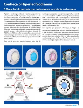 Conheça o Hiperled Sodramar
O Menor led do mercado, com maior alcance e excelente acabamento.
A piscina é um item que embeleza e valoriza qualquer imóvel.
Uma piscina iluminada impressiona compradores, na hora
da venda, ou hóspedes, no caso de hotéis. A SODRAMAR® é
pioneira na tecnologia de iluminação de piscinas através de
LED. Revolucionou esse segmento no mercado de lazer. Os
LED’s possibilitam efeitos que antes eram impossíveis com os
refletores comuns. A linha LED Pool possui 9 programações
de cores diferentes, além do diferencial do módulo Control
Mixer, que possibilita a mudança de programação através do
controle remoto e a definição da intensidade das cores do
RGB. As cores RGB (vermelho, verde e azul) são cores primárias
responsáveis por formar todas as outras cores. Sendo assim,
com o módulo Mixer, é possível alcançar qualquer cor desejada
em sua piscina.
Caso você já tenha em sua piscina algum outro tipo de

iluminação sub-aquática e deseja troca-la por led’s, é possível.
A Sodramar produziu o led 133 universal pratic, que além de
toda a economia dos led’s Sodramar, possui o diferencial de
adaptar-se aos dispositivos de aspiração ou qualquer outro
tipo de instalação, evitando assim qualquer dano à estrutura
ou adaptações. É a chance de modernizar sua piscina com a
beleza e economia dos leds.
Para aqueles que procuram sofisticação e design,

o

equipamento ideal é o Hiper Led. Com acabamento cromado
e suas dimensões menores em relação aos outros refletores
do mercado, é uma peça única e ideal para quem procura um
produto discreto e exclusivo. Além de todas as qualidades
estéticas do produto ele ilumina 16 m² com um consumo
mínimo de energia, disponível nas cores azul e branco.

Led Pool 61

Módulo Control Mixer

Possibilidades de instalação do Led 133 universal

Hiperled

Hiperled instalado no dispositivo de retorno

Piscinas & Saunas

7

 
