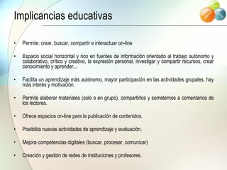Implicancias educativas Permite: crear, buscar, compartir e interactuar on-line Espacio social horizontal y rico en fuentes de información orientado al trabajo autónomo y colaborativo, crítico y creativo, la expresión personal, investigar y compartir recursos, crear conocimiento y aprender... Facilita un aprendizaje más autónomo, mayor participación en las actividades grupales, hay más interés y motivación. Permite elaborar materiales (solo o en grupo), compartirlos y someternos a comentarios de los lectores.  Ofrece espacios on-line para la publicación de contenidos. Posibilita nuevas actividades de aprendizaje y evaluación. Mejora competencias digitales (buscar, procesar, comunicar) Creación y gestión de redes de instituciones y profesores. 