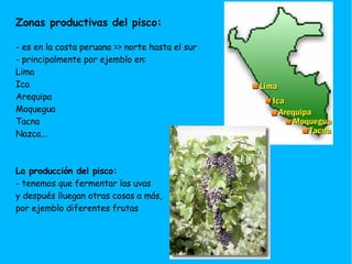 Zonas productivas del pisco: - es en la costa peruana => norte hasta el sur - principalmente por ejemblo en: Lima Ica Arequipa Moquegua Tacna Nazca... La producción del pisco: - tenemos que fermentar las uvas y después lluegan otras cosas a más, por ejemblo diferentes frutas