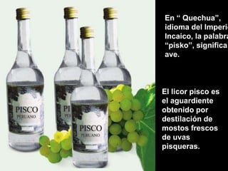 PISCOPIEn “ Quechua”,idioma del Imperio Incaico, la palabra “pisko”, significa ave.El licor pisco esel aguardienteobtenido por destilación de mostos frescosde uvas pisqueras.