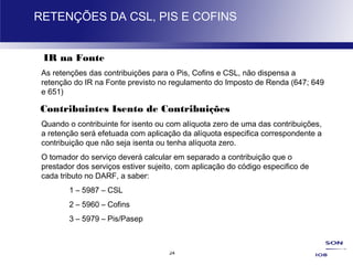 24
RETENÇÕES DA CSL, PIS E COFINS
IR na Fonte
As retenções das contribuições para o Pis, Cofins e CSL, não dispensa a
retenção do IR na Fonte previsto no regulamento do Imposto de Renda (647; 649
e 651)
Contribuintes Isento de Contribuições
Quando o contribuinte for isento ou com alíquota zero de uma das contribuições,
a retenção será efetuada com aplicação da alíquota especifica correspondente a
contribuição que não seja isenta ou tenha alíquota zero.
O tomador do serviço deverá calcular em separado a contribuição que o
prestador dos serviços estiver sujeito, com aplicação do código especifico de
cada tributo no DARF, a saber:
1 – 5987 – CSL
2 – 5960 – Cofins
3 – 5979 – Pis/Pasep
 