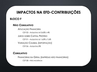 IMPACTOS NA EFD-CONTRIBUIÇÕES
BLOCO F
• NÃO CUMULATIVO
• APLICAÇÃO FINANCEIRA
• CST 02 – ALÍQUOTAS DE 0,65% E 4%
• JUROS SOBRE CAPITAL PRÓPRIO
• CST 01 – ALÍQUOTAS DE 1,65% E 7,6%
• VARIAÇÃO CAMBIAL (EXPORTAÇÃO)
• CST 06 – ALÍQUOTAS 0%
• CUMULATIVO
• FINANCEIRAS EM GERAL (EMPRESAS NÃO FINANCEIRAS)
• CST 08 – NÃO INCIDÊNCIA
 