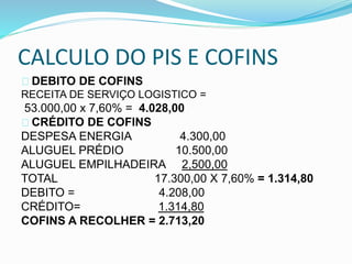 CALCULO DO PIS E COFINS 
DEBITO DE COFINS 
RECEITA DE SERVIÇO LOGISTICO = 
53.000,00 x 7,60% = 4.028,00 
CRÉDITO DE COFINS 
DESPESA ENERGIA 4.300,00 
ALUGUEL PRÉDIO 10.500,00 
ALUGUEL EMPILHADEIRA 2,500,00 
TOTAL 17.300,00 X 7,60% = 1.314,80 
DEBITO = 4.208,00 
CRÉDITO= 1.314,80 
COFINS A RECOLHER = 2.713,20 
 