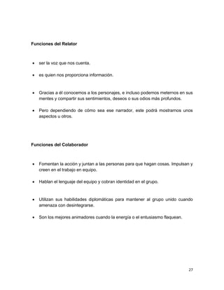 Funciones del Relator



ser la voz que nos cuenta.



es quien nos proporciona información.



Gracias a él conocemos a los personajes, e incluso podemos meternos en sus
mentes y compartir sus sentimientos, deseos o sus odios más profundos.



Pero dependiendo de cómo sea ese narrador, este podrá mostrarnos unos
aspectos u otros.

Funciones del Colaborador



Fomentan la acción y juntan a las personas para que hagan cosas. Impulsan y
creen en el trabajo en equipo.



Hablan el lenguaje del equipo y cobran identidad en el grupo.



Utilizan sus habilidades diplomáticas para mantener al grupo unido cuando
amenaza con desintegrarse.



Son los mejores animadores cuando la energía o el entusiasmo flaquean.

27

 