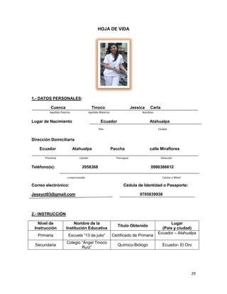 HOJA DE VIDA

1.- DATOS PERSONALES:
Cuenca

Tinoco

Apellido Paterno

Jessica

Apellido Materno

Lugar de Nacimiento

Carla

Nombres

Ecuador

Atahualpa

País

Ciudad

Dirección Domiciliaria
Ecuador

Atahualpa

Provincia

Cantón

Teléfono(s):

Paccha

calle Miraflores

Parroquia

Dirección

2958368

0986386612

Convencionales

Correo electrónico:
Jessyct03@gmail.com

Celular o Móvil

Cédula de Identidad o Pasaporte:
0705639938

2.- INSTRUCCIÓN
Nivel de
Instrucción

Nombre de la
Institución Educativa

Título Obtenido

Primaria

Escuela “13 de julio”

Certificado de Primaria

Secundaria

Colegio “Ángel Tinoco
Ruíz”

Químico-Biólogo

Lugar
(País y ciudad)
Ecuador – Atahualpa
Ecuador- El Oro

29

 