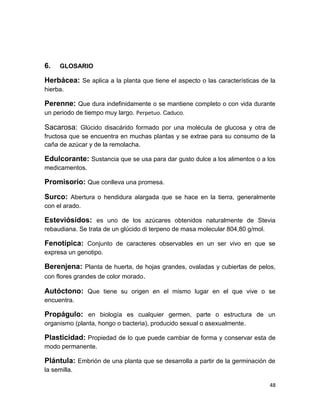 6.

GLOSARIO

Herbácea: Se aplica a la planta que tiene el aspecto o las características de la
hierba.

Perenne: Que dura indefinidamente o se mantiene completo o con vida durante
un periodo de tiempo muy largo. Perpetuo. Caduco.

Sacarosa: Glúcido disacárido formado por una molécula de glucosa y otra de
fructosa que se encuentra en muchas plantas y se extrae para su consumo de la
caña de azúcar y de la remolacha.

Edulcorante: Sustancia que se usa para dar gusto dulce a los alimentos o a los
medicamentos.

Promisorio: Que conlleva una promesa.
Surco: Abertura o hendidura alargada que se hace en la tierra, generalmente
con el arado.

Esteviósidos: es uno de los azúcares obtenidos naturalmente de Stevia
rebaudiana. Se trata de un glúcido di terpeno de masa molecular 804,80 g/mol.

Fenotípica: Conjunto de caracteres observables en un ser vivo en que se
expresa un genotipo.

Berenjena: Planta de huerta, de hojas grandes, ovaladas y cubiertas de pelos,
con flores grandes de color morado.
Autóctono: Que tiene su origen en el mismo lugar en el que vive o se
encuentra.

Propágulo: en biología es cualquier germen, parte o estructura de un
organismo (planta, hongo o bacteria), producido sexual o asexualmente.

Plasticidad: Propiedad de lo que puede cambiar de forma y conservar esta de
modo permanente.

Plántula: Embrión de una planta que se desarrolla a partir de la germinación de
la semilla.
48

 