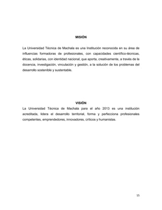 MISIÓN

La Universidad Técnica de Machala es una Institución reconocida en su área de
influencias formadoras de profesionales, con capacidades científico-técnicas,
éticas, solidarias, con identidad nacional, que aporta, creativamente, a través de la
docencia, investigación, vinculación y gestión, a la solución de los problemas del
desarrollo sostenible y sustentable.

VISIÓN
La Universidad Técnica de Machala para el año 2013 es una institución
acreditada, lidera el desarrollo territorial, forma y perfecciona profesionales
competentes, emprendedores, innovadores, críticos y humanistas.

15

 