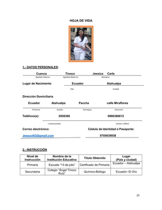 HOJA DE VIDA

1.- DATOS PERSONALES:
Cuenca

Tinoco

Apellido Paterno

Jessica

Apellido Materno

Lugar de Nacimiento

Carla

Nombres

Ecuador

Atahualpa

País

Ciudad

Dirección Domiciliaria
Ecuador

Atahualpa

Provincia

Cantón

Teléfono(s):

Paccha

calle Miraflores

Parroquia

Dirección

2958368

0986386612

Convencionales

Correo electrónico:
Jessyct03@gmail.com

Celular o Móvil

Cédula de Identidad o Pasaporte:
0705639938

2.- INSTRUCCIÓN
Nivel de
Instrucción

Nombre de la
Institución Educativa

Título Obtenido

Primaria

Escuela “13 de julio”

Certificado de Primaria

Secundaria

Colegio “Ángel Tinoco
Ruíz”

Químico-Biólogo

Lugar
(País y ciudad)
Ecuador – Atahualpa
Ecuador- El Oro

25

 