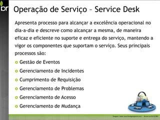 Operação de Serviço – Service Desk
Apresenta processo para alcançar a excelência operacional no
dia-a-dia e descreve como alcançar a mesma, de maneira
eficaz e eficiente no suporte e entrega do serviço, mantendo a
vigor os componentes que suportam o serviço. Seus principais
processos são:
   Gestão de Eventos
   Gerenciamento de Incidentes
   Cumprimento de Requisição
   Gerenciamento de Problemas
   Gerenciamento de Acesso
   Gerenciamento de Mudança
                                           Imagem - fonte: www.freedigitalphotos.net/ - Acesso em 26/11/2011
 