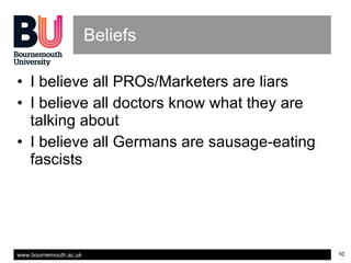 Beliefs I believe all PROs/Marketers are liars I believe all doctors know what they are talking about I believe all Germans are sausage-eating fascists 