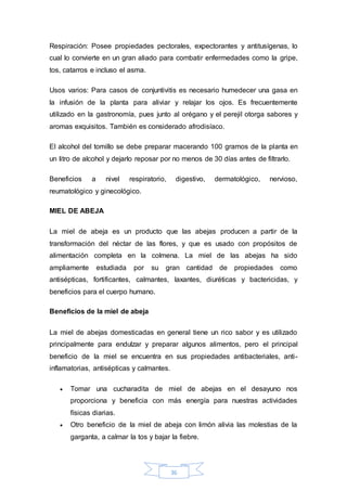 Respiración: Posee propiedades pectorales, expectorantes y antitusígenas, lo 
cual lo convierte en un gran aliado para combatir enfermedades como la gripe, 
tos, catarros e incluso el asma. 
Usos varios: Para casos de conjuntivitis es necesario humedecer una gasa en 
la infusión de la planta para aliviar y relajar los ojos. Es frecuentemente 
utilizado en la gastronomía, pues junto al orégano y el perejil otorga sabores y 
aromas exquisitos. También es considerado afrodisíaco. 
El alcohol del tomillo se debe preparar macerando 100 gramos de la planta en 
un litro de alcohol y dejarlo reposar por no menos de 30 días antes de filtrarlo. 
Beneficios a nivel respiratorio, digestivo, dermatológico, nervioso, 
reumatológico y ginecológico. 
36 
MIEL DE ABEJA 
La miel de abeja es un producto que las abejas producen a partir de la 
transformación del néctar de las flores, y que es usado con propósitos de 
alimentación completa en la colmena. La miel de las abejas ha sido 
ampliamente estudiada por su gran cantidad de propiedades como 
antisépticas, fortificantes, calmantes, laxantes, diuréticas y bactericidas, y 
beneficios para el cuerpo humano. 
Beneficios de la miel de abeja 
La miel de abejas domesticadas en general tiene un rico sabor y es utilizado 
principalmente para endulzar y preparar algunos alimentos, pero el principal 
beneficio de la miel se encuentra en sus propiedades antibacteriales, anti - 
inflamatorias, antisépticas y calmantes. 
 Tomar una cucharadita de miel de abejas en el desayuno nos 
proporciona y beneficia con más energía para nuestras actividades 
físicas diarias. 
 Otro beneficio de la miel de abeja con limón alivia las molestias de la 
garganta, a calmar la tos y bajar la fiebre. 
 