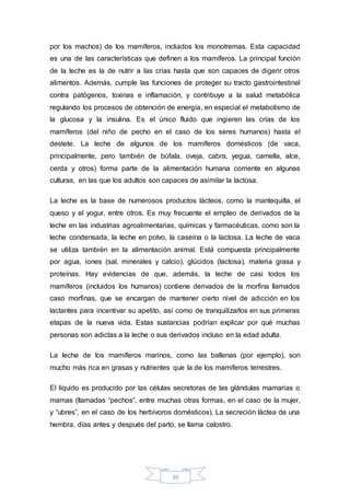 por los machos) de los mamíferos, incluidos los monotremas. Esta capacidad 
es una de las características que definen a los mamíferos. La principal función 
de la leche es la de nutrir a las crías hasta que son capaces de digerir otros 
alimentos. Además, cumple las funciones de proteger su tracto gastrointestinal 
contra patógenos, toxinas e inflamación, y contribuye a la salud metabólica 
regulando los procesos de obtención de energía, en especial el metabolismo de 
la glucosa y la insulina. Es el único fluido que ingieren las crías de los 
mamíferos (del niño de pecho en el caso de los seres humanos) hasta el 
destete. La leche de algunos de los mamíferos domésticos (de vaca, 
principalmente, pero también de búfala, oveja, cabra, yegua, camella, alce, 
cerda y otros) forma parte de la alimentación humana corriente en algunas 
culturas, en las que los adultos son capaces de asimilar la lactosa. 
La leche es la base de numerosos productos lácteos, como la mantequilla, el 
queso y el yogur, entre otros. Es muy frecuente el empleo de derivados de la 
leche en las industrias agroalimentarias, químicas y farmacéuticas, como son la 
leche condensada, la leche en polvo, la caseína o la lactosa. La leche de vaca 
se utiliza también en la alimentación animal. Está compuesta principalmente 
por agua, iones (sal, minerales y calcio), glúcidos (lactosa), materia grasa y 
proteínas. Hay evidencias de que, además, la leche de casi todos los 
mamíferos (incluidos los humanos) contiene derivados de la morfina llamados 
caso morfinas, que se encargan de mantener cierto nivel de adicción en los 
lactantes para incentivar su apetito, así como de tranquilizarlos en sus primeras 
etapas de la nueva vida. Estas sustancias podrían explicar por qué muchas 
personas son adictas a la leche o sus derivados incluso en la edad adulta. 
La leche de los mamíferos marinos, como las ballenas (por ejemplo), son 
mucho más rica en grasas y nutrientes que la de los mamíferos terrestres. 
El líquido es producido por las células secretoras de las glándulas mamarias o 
mamas (llamadas “pechos”, entre muchas otras formas, en el caso de la mujer, 
y “ubres”, en el caso de los herbívoros domésticos). La secreción láctea de una 
hembra, días antes y después del parto, se llama calostro. 
39 
 