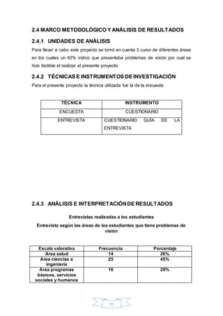 2.4 MARCO METODOLÓGICO Y ANÁLISIS DE RESULTADOS 
2.4.1 UNIDADES DE ANÁLISIS 
Para llevar a cabo este proyecto se tomó en cuenta 3 curso de diferentes áreas 
en los cuales un 40% indico que presentaba problemas de visión por cual se 
hizo factible el realizar el presente proyecto. 
2.4.2 TÉCNICAS E INSTRUMENTOS DE INVESTIGACIÓN 
Para el presente proyecto la técnica utilizada fue la de la encuesta 
TÉCNICA INSTRUMENTO 
ENCUESTA CUESTIONARIO 
ENTREVISTA CUESTIONARIO GUÍA DE LA 
ENTREVISTA 
2.4.3 ANÁLISIS E INTERPRETACIÓN DE RESULTADOS 
Entrevistas realizadas a los estudiantes 
Entrevista según las áreas de los estudiantes que tiene problemas de 
visión 
Escala valorativa Frecuencia Porcentaje 
Área salud 14 26% 
55 
Área ciencias e 
ingeniería 
25 45% 
Área programas 
básicos, servicios 
sociales y humanos 
16 29% 
 