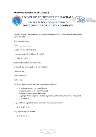 ANEXO 11: MODELO DE ENCUESTA 1 
UNIVERSIDAD TÉCNICA DE MACHALA 
Calidad, Pertinencia y Calidez 
VICERRECTORADO ACADÉMICO 
DIRECCIÓN DE NIVELACIÓN Y ADMISIÓN 
Encuesta dirigida a los estudiantes del curso de nivelación de la UTMACH en el periodo junio-agosto 
91 
del 2014. 
Área al que pertenece: ___________________________________ 
Curso: ______________ 
Marque con una X la respuesta. 
1.- ¿Usted padece de problemas de visión? 
SI ( ) NO ( ) 
(Si marca SI continúe con la encuesta) 
2.- ¿Desde qué tiempo padece de este problema? 
1 año o menos ( ) 
3 años o menos ( ) 
5 años o más ( ) 
3.- ¿Se encuentra su problema entre los siguientes enlistados? 
 Problemas para ver a lo lejos (Miopía) 
 Problemas para ver de cerca (Presbicia) 
 Falta de visión nocturna (Nictalopía) 
 Algún problema congénito (Retinitis pigmentaria, Daltonismo, Glaucoma, Nistagmos) 
SI ( ) NO ( ) 
4.- ¿Ha utilizado algún tratamiento alternativo para mejorar su visión? 
SI ( ) NO ( ) 
5.- ¿Le gustaría poder recibirlo? 
SI ( ) NO ( ) 
 