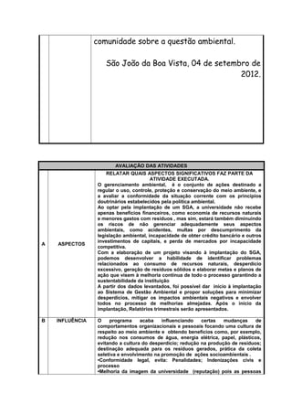 comunidade sobre a questão ambiental.
São João da Boa Vista, 04 de setembro de
2012.
AVALIAÇÃO DAS ATIVIDADES
A ASPECTOS
RELATAR QUAIS ASPECTOS SIGNIFICATIVOS FAZ PARTE DA
ATIVIDADE EXECUTADA.
O gerenciamento ambiental, é o conjunto de ações destinado a
regular o uso, controle, proteção e conservação do meio ambiente, e
a avaliar a conformidade da situação corrente com os princípios
doutrinários estabelecidos pela política ambiental.
Ao optar pela implantação de um SGA, a universidade não recebe
apenas benefícios financeiros, como economia de recursos naturais
e menores gastos com resíduos , mas sim, estará também diminuindo
os riscos de não gerenciar adequadamente seus aspectos
ambientais, como acidentes, multas por descumprimento da
legislação ambiental, incapacidade de obter crédito bancário e outros
investimentos de capitais, e perda de mercados por incapacidade
competitiva.
Com a elaboração de um projeto visando à implantação do SGA,
podemos desenvolver a habilidade de identificar problemas
relacionados ao consumo de recursos naturais, desperdício
excessivo, geração de resíduos sólidos e elaborar metas e planos de
ação que visem à melhoria contínua de todo o processo garantindo a
sustentabilidade da instituição
A partir dos dados levantados, foi possível dar início à implantação
ao Sistema de Gestão Ambiental e propor soluções para minimizar
desperdícios, mitigar os impactos ambientais negativos e envolver
todos no processo de melhorias almejadas. Após o início da
implantação, Relatórios trimestrais serão apresentados.
B INFLUÊNCIA O programa acaba influenciando certas mudanças de
comportamentos organizacionais e pessoais focando uma cultura de
respeito ao meio ambiente e obtendo benefícios como, por exemplo,
redução nos consumos de água, energia elétrica, papel, plásticos,
evitando a cultura do desperdício; redução na produção de resíduos;
destinação adequada para os resíduos gerados, prática da coleta
seletiva e envolvimento na promoção de ações socioambientais .
•Conformidade legal, evita: Penalidades; Indenizações civis e
processo
•Melhoria da imagem da universidade (reputação) pois as pessoas
 