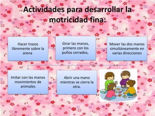 Actividades para desarrollar la
motricidad fina:
Hacer trazos
libremente sobre la
arena
Girar las manos,
primero con los
puños cerrados,
Mover las dos manos
simultáneamente en
varias direcciones
Imitar con las manos
movimientos de
animales
Abrir una mano
mientras se cierra la
otra.
 