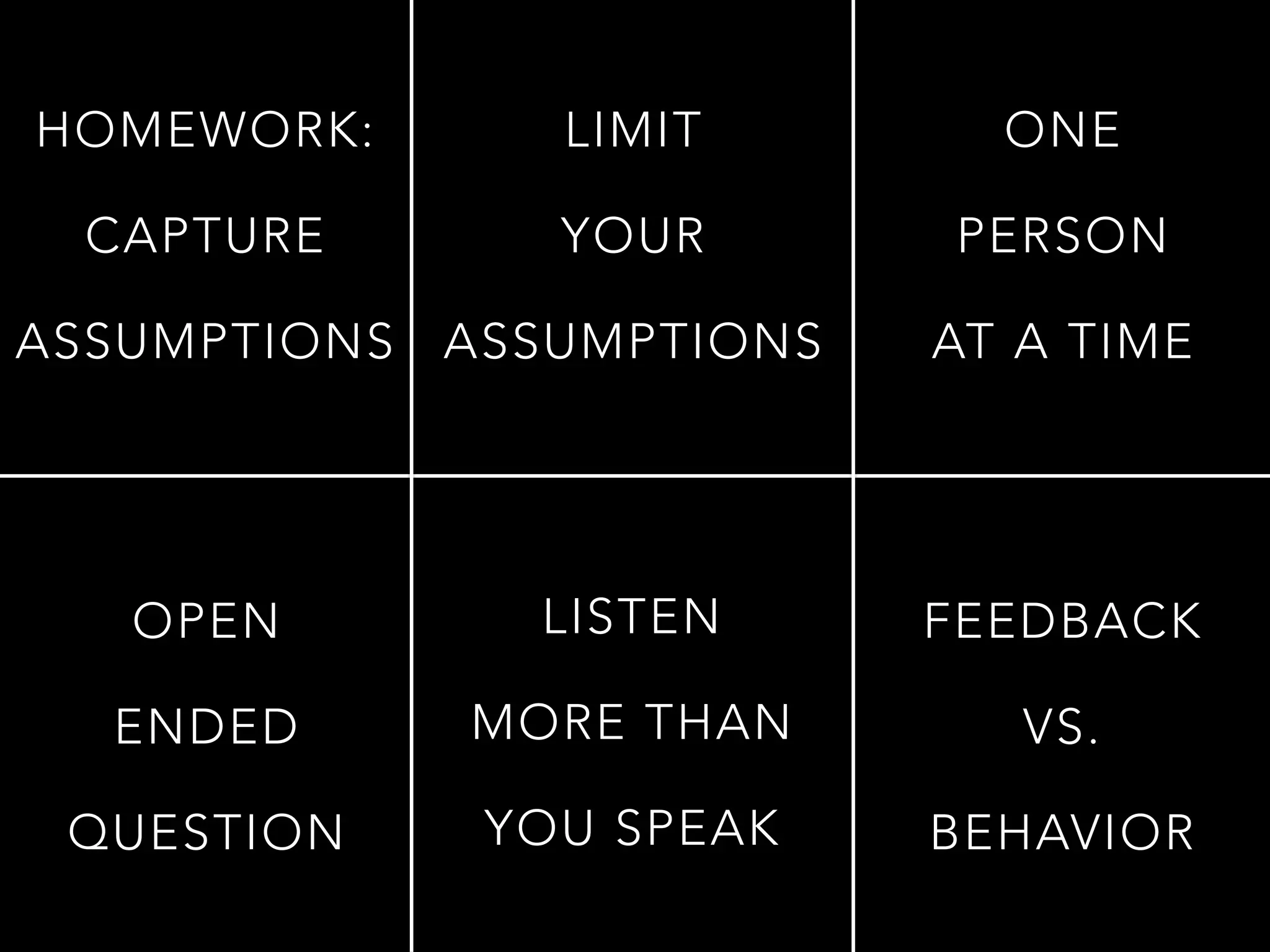 HOMEWORK:
CAPTURE
ASSUMPTIONS
LISTEN
MORE THAN
YOU SPEAK
FEEDBACK
VS.
BEHAVIOR
OPEN
ENDED
QUESTION
LIMIT 
YOUR
ASSUMPTIONS
ONE 
PERSON
AT A TIME
 