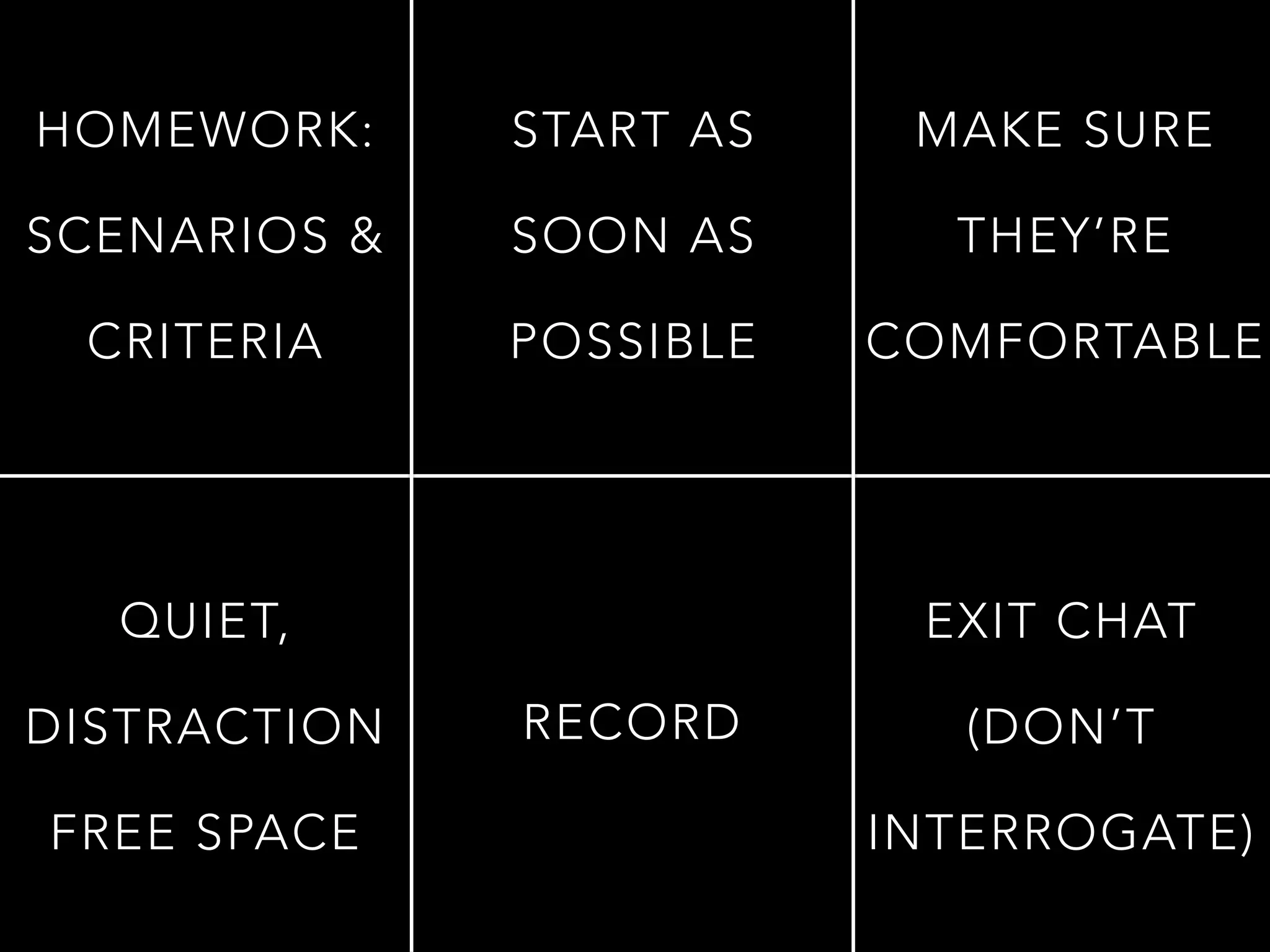 HOMEWORK:
SCENARIOS &
CRITERIA
RECORD

EXIT CHAT
(DON’T
INTERROGATE)
QUIET,
DISTRACTION
FREE SPACE
START AS
SOON AS
POSSIBLE
MAKE SURE
THEY’RE
COMFORTABLE
 