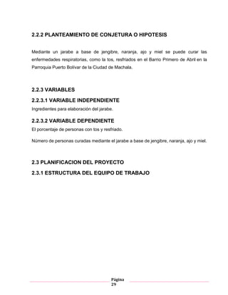 Página
29
2.2.2 PLANTEAMIENTO DE CONJETURA O HIPOTESIS
Mediante un jarabe a base de jengibre, naranja, ajo y miel se puede curar las
enfermedades respiratorias, como la tos, resfriados en el Barrio Primero de Abril en la
Parroquia Puerto Bolívar de la Ciudad de Machala.
2.2.3 VARIABLES
2.2.3.1 VARIABLE INDEPENDIENTE
Ingredientes para elaboración del jarabe.
2.2.3.2 VARIABLE DEPENDIENTE
El porcentaje de personas con tos y resfriado.
Número de personas curadas mediante el jarabe a base de jengibre, naranja, ajo y miel.
2.3 PLANIFICACION DEL PROYECTO
2.3.1 ESTRUCTURA DEL EQUIPO DE TRABAJO
 