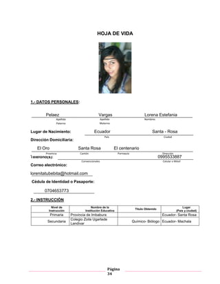 Página
34
HOJA DE VIDA
1.- DATOS PERSONALES:
Pelaez Vargas Lorena Estefania
Lugar de Nacimiento: Ecuador Santa - Rosa
Dirección Domiciliaria:
El Oro Santa Rosa El centenario
Teléfono(s): 0995533887
Correo electrónico:
lorenitatubebita@hotmail.com
Cédula de Identidad o Pasaporte:
0704653773
2.- INSTRUCCIÓN
Nivel de
Instrucción
Nombre de la
Institución Educativa
Título Obtenido
Lugar
(País y ciudad)
Primaria Provincia de Imbabura Ecuador- Santa Rosa
Secundaria
Colegio Zoila Ugartede
Landivar
Químico- Biólogo Ecuador- Machala
NombresApellido
Materno
Apellido
Paterno
CiudadPaís
ParroquiaCantónProvincia Dirección
Convencionales Celular o Móvil
 