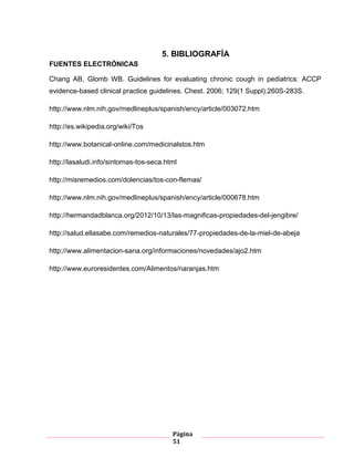 Página
51
5. BIBLIOGRAFÍA
FUENTES ELECTRÓNICAS
Chang AB, Glomb WB. Guidelines for evaluating chronic cough in pediatrics: ACCP
evidence-based clinical practice guidelines. Chest. 2006; 129(1 Suppl):260S-283S.
http://www.nlm.nih.gov/medlineplus/spanish/ency/article/003072.htm
http://es.wikipedia.org/wiki/Tos
http://www.botanical-online.com/medicinalstos.htm
http://lasaludi.info/sintomas-tos-seca.html
http://misremedios.com/dolencias/tos-con-flemas/
http://www.nlm.nih.gov/medlineplus/spanish/ency/article/000678.htm
http://hermandadblanca.org/2012/10/13/las-magnificas-propiedades-del-jengibre/
http://salud.ellasabe.com/remedios-naturales/77-propiedades-de-la-miel-de-abeja
http://www.alimentacion-sana.org/informaciones/novedades/ajo2.htm
http://www.euroresidentes.com/Alimentos/naranjas.htm
 