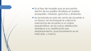 Es el tipo de mueble que se encuentra
dentro de los pasillos divididos en baldas,
anaqueles, módulos, ganchos y divisiones.
 se acomoda en piso de venta de acuerdo a
un layout, en el anaquel se coloca la
mercancía de acuerdo a un mapa
esquemático, en el cual su distribución
obedece a su clasificación por
desplazamiento, posicionamiento en el
mercado, y marca.
 