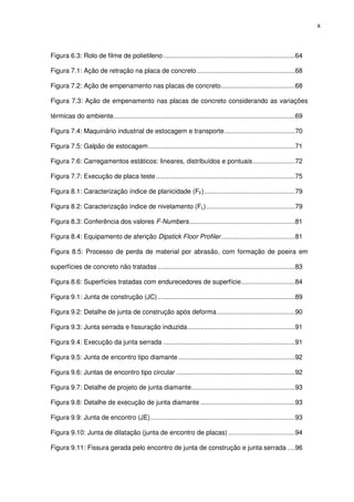 x
Figura 6.3: Rolo de filme de polietileno .......................................................................64
Figura 7.1: Ação de retração na placa de concreto.....................................................68
Figura 7.2: Ação de empenamento nas placas de concreto........................................68
Figura 7.3: Ação de empenamento nas placas de concreto considerando as variações
térmicas do ambiente..................................................................................................69
Figura 7.4: Maquinário industrial de estocagem e transporte......................................70
Figura 7.5: Galpão de estocagem...............................................................................71
Figura 7.6: Carregamentos estáticos: lineares, distribuídos e pontuais.......................72
Figura 7.7: Execução de placa teste...........................................................................75
Figura 8.1: Caracterização índice de planicidade (FF).................................................79
Figura 8.2: Caracterização índice de nivelamento (FL)................................................79
Figura 8.3: Conferência dos valores F-Numbers.........................................................81
Figura 8.4: Equipamento de aferição Dipstick Floor Profiler........................................81
Figura 8.5: Processo de perda de material por abrasão, com formação de poeira em
superfícies de concreto não tratadas ..........................................................................83
Figura 8.6: Superfícies tratadas com endurecedores de superfície.............................84
Figura 9.1: Junta de construção (JC)..........................................................................89
Figura 9.2: Detalhe de junta de construção após deforma..........................................90
Figura 9.3: Junta serrada e fissuração induzida..........................................................91
Figura 9.4: Execução da junta serrada .......................................................................91
Figura 9.5: Junta de encontro tipo diamante...............................................................92
Figura 9.6: Juntas de encontro tipo circular ................................................................92
Figura 9.7: Detalhe de projeto de junta diamante........................................................93
Figura 9.8: Detalhe de execução de junta diamante ...................................................93
Figura 9.9: Junta de encontro (JE)..............................................................................93
Figura 9.10: Junta de dilatação (junta de encontro de placas) ....................................94
Figura 9.11: Fissura gerada pelo encontro de junta de construção e junta serrada ....96
 
