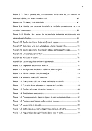 xi
Figura 9.12: Fissura gerada pelo posicionamento inadequado da junta serrada na
interseção com a junta de encontro em curva.............................................................96
Figura 9.13: Encaixe tipo macho e fêmea...................................................................97
Figura 9.14: Detalhe das barras de transferência instaladas paralelamente na forma
durante a concretagem...............................................................................................98
Figura 9.15: Detalhe das barras de transferência instaladas paralelamente nos
espaçadores treliçados...............................................................................................98
Figura 9.16: Detalhe de sistema de transferência de cargas.......................................99
Figura 9.17: Sistema de junta com aplicação de selante moldado in loco...................104
Figura 9.18: Detalhe do sistema de junta com adoção de lábios poliméricos..............104
Figura 9.19: Limitador de profundidade ......................................................................104
Figura 9.20: Aplicação de selante...............................................................................105
Figura 9.21: Detalhe de juntas com lábios poliméricos ...............................................105
Figura 10.1: Segmentos de utilização de RAD............................................................107
Figura 10.2: Absorção dos esforços na superfície de ancoragem...............................110
Figura 10.3: Piso de concreto com pintura epóxi ........................................................113
Figura 10.4: Aderência do RAD ao substrato..............................................................116
Figura 11.1: Fluxograma do ciclo de vida de pavimentos industriais...........................121
Figura 11.2: Operação de terraplenagem e preparação do subleito............................126
Figura 11.3: Detalhe da forma e elementos de reforço ...............................................130
Figura 11.4: Seqüência de concretagem.....................................................................131
Figura 11.5: Processo executivo da concretagem de pavimentos industriais..............132
Figura 11.6: Fluxograma da fase de acabamento do concreto....................................138
Figura 11.7: Lançamento do concreto.........................................................................139
Figura 11.8: Distribuição e adensamento por régua treliçada vibratória......................140
Figura 11.9: Regularização da superfície através do rodo de corte.............................140
 