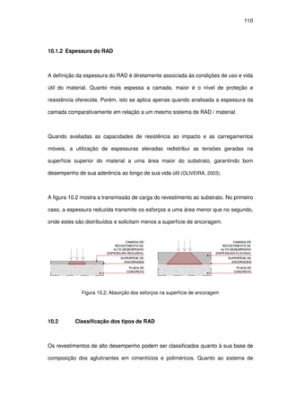 110
10.1.2 Espessura do RAD
A definição da espessura do RAD é diretamente associada às condições de uso e vida
útil do material. Quanto mais espessa a camada, maior é o nível de proteção e
resistência oferecida. Porém, isto se aplica apenas quando analisada a espessura da
camada comparativamente em relação a um mesmo sistema de RAD / material.
Quando avaliadas as capacidades de resistência ao impacto e as carregamentos
móveis, a utilização de espessuras elevadas redistribui as tensões geradas na
superfície superior do material a uma área maior do substrato, garantindo bom
desempenho de sua aderência ao longo de sua vida útil (OLIVEIRA, 2003).
A figura 10.2 mostra a transmissão de carga do revestimento ao substrato. No primeiro
caso, a espessura reduzida transmite os esforços a uma área menor que no segundo,
onde estes são distribuídos e solicitam menos a superfície de ancoragem.
Figura 10.2: Absorção dos esforços na superfície de ancoragem
10.2 Classificação dos tipos de RAD
Os revestimentos de alto desempenho podem ser classificados quanto à sua base de
composição dos aglutinantes em cimentícios e poliméricos. Quanto ao sistema de
 