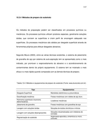 117
10.3.4 Métodos de preparo do substrato
Os métodos de preparação podem ser classificados em processos químicos ou
mecânicos. Os processos químicos utilizam produtos especiais, geralmente soluções
ácidas, que corroem as superfícies e criam perfil de ancoragem adequado nas
superfícies. Os processos mecânicos são obtidos por desgaste superficial através de
ferramentas próprias para efetuar desgastes abrasivos.
Segundo Moura (2003), entre as várias técnicas existentes, o sistema de jateamento
de granalha de aço por sistema de auto-aspiração tem se apresentado como o mais
indicado, por promover o reaproveitamento do abrasivo e o acondicionamento de
contaminantes dentro do próprio equipamento. O sistema tem se mostrado o mais
eficaz e o mais rápido quando comparado com as demais técnicas de preparo.
Tabela 10.4: Métodos e equipamentos de preparo do substrato (Fonte: www.durecrete.com.br)
Tipo Equipamentos
Desgaste Superficial Marteletes eletrônicos ou pneumáticos
Escarificação mecânica Fresas mecânicas com roletes de aço duro
Polimento superficial e lixamento
eletromecânico
Lixadeiras mecânicas
Jateamento de granalha Fresas mecânicas com granalhas de aço
Lavagem com soluções ácidas Soluções de ácidos clorídricos e nítricos
Lavagem com soluções desengraxantes
Soluções industrializadas com inibidores de
corrosão
Regularização do substrato
Argamassa epoxídica, cimentícia ou micro
concreto
 
