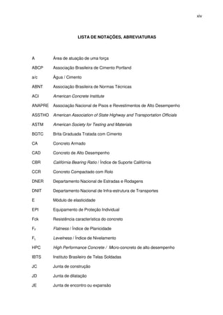 xiv
LISTA DE NOTAÇÕES, ABREVIATURAS
A Área de atuação de uma força
ABCP Associação Brasileira de Cimento Portland
a/c Água / Cimento
ABNT Associação Brasileira de Normas Técnicas
ACI American Concrete Institute
ANAPRE Associação Nacional de Pisos e Revestimentos de Alto Desempenho
ASSTHO American Association of State Highway and Transportation Officials
ASTM American Society for Testing and Materials
BGTC Brita Graduada Tratada com Cimento
CA Concreto Armado
CAD Concreto de Alto Desempenho
CBR Califórnia Bearing Ratio / Índice de Suporte Califórnia
CCR Concreto Compactado com Rolo
DNER Departamento Nacional de Estradas e Rodagens
DNIT Departamento Nacional de Infra-estrutura de Transportes
E Módulo de elasticidade
EPI Equipamento de Proteção Individual
Fck Resistência característica do concreto
FF Flatness / Índice de Planicidade
FL Levelness / Índice de Nivelamento
HPC High Performance Concrete / Micro-concreto de alto desempenho
IBTS Instituto Brasileiro de Telas Soldadas
JC Junta de construção
JD Junta de dilatação
JE Junta de encontro ou expansão
 