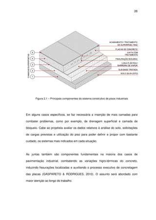 26
Figura 2.1 – Principais componentes do sistema construtivo de pisos industriais
Em alguns casos específicos, se faz necessária a inserção de mais camadas para
combater problemas, como por exemplo, de drenagem superficial e camada de
bloqueio. Cabe ao projetista avaliar os dados relativos à análise do solo, solicitações
de cargas previstas e utilização do piso para poder definir e propor com bastante
cuidado, os sistemas mais indicados em cada situação.
As juntas também são componentes fundamentais na maioria dos casos de
pavimentação industrial, combatendo as variações higro-térmicas do concreto,
induzindo fissurações localizadas e auxiliando o processo executivo de concretagem
das placas (GASPARETO & RODRIGUES, 2010). O assunto será abordado com
maior atenção ao longo do trabalho.
 