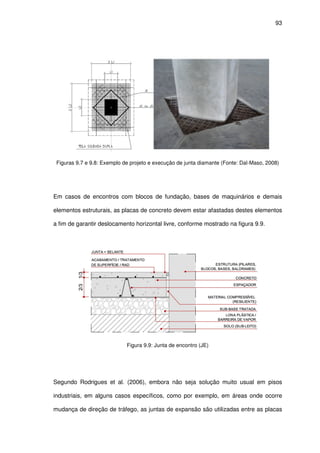 93
Figuras 9.7 e 9.8: Exemplo de projeto e execução de junta diamante (Fonte: Dal-Maso, 2008)
Em casos de encontros com blocos de fundação, bases de maquinários e demais
elementos estruturais, as placas de concreto devem estar afastadas destes elementos
a fim de garantir deslocamento horizontal livre, conforme mostrado na figura 9.9.
Figura 9.9: Junta de encontro (JE)
Segundo Rodrigues et al. (2006), embora não seja solução muito usual em pisos
industriais, em alguns casos específicos, como por exemplo, em áreas onde ocorre
mudança de direção de tráfego, as juntas de expansão são utilizadas entre as placas
 